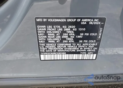 2024 Volkswagen Atlas Cross Sport 2.0T Sel Premium R-Line z USA, uszkodzony, nr VIN 1V2FE2CA0RC260386